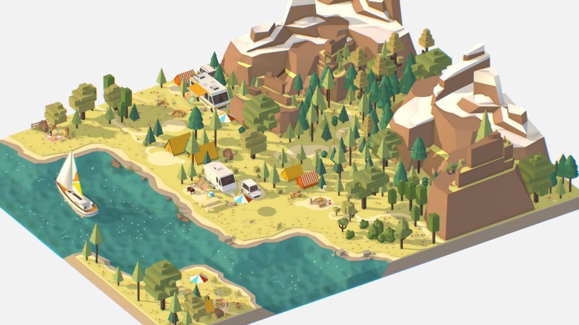 isometric style camping level constructor 3d model