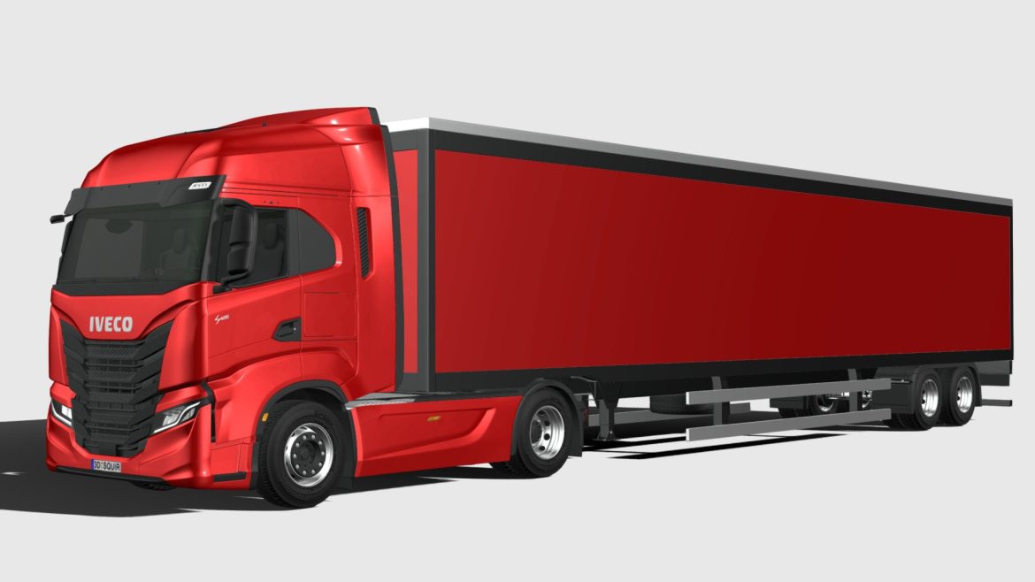 Iveco Way Trailer 3d Model - A highly detailed 3D model of the Iveco S-Way 2021 truck with a matching trailer in a professional studio setting.