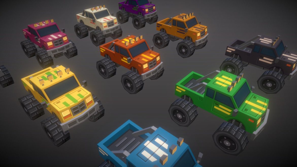 monster truck set low poly 3d model