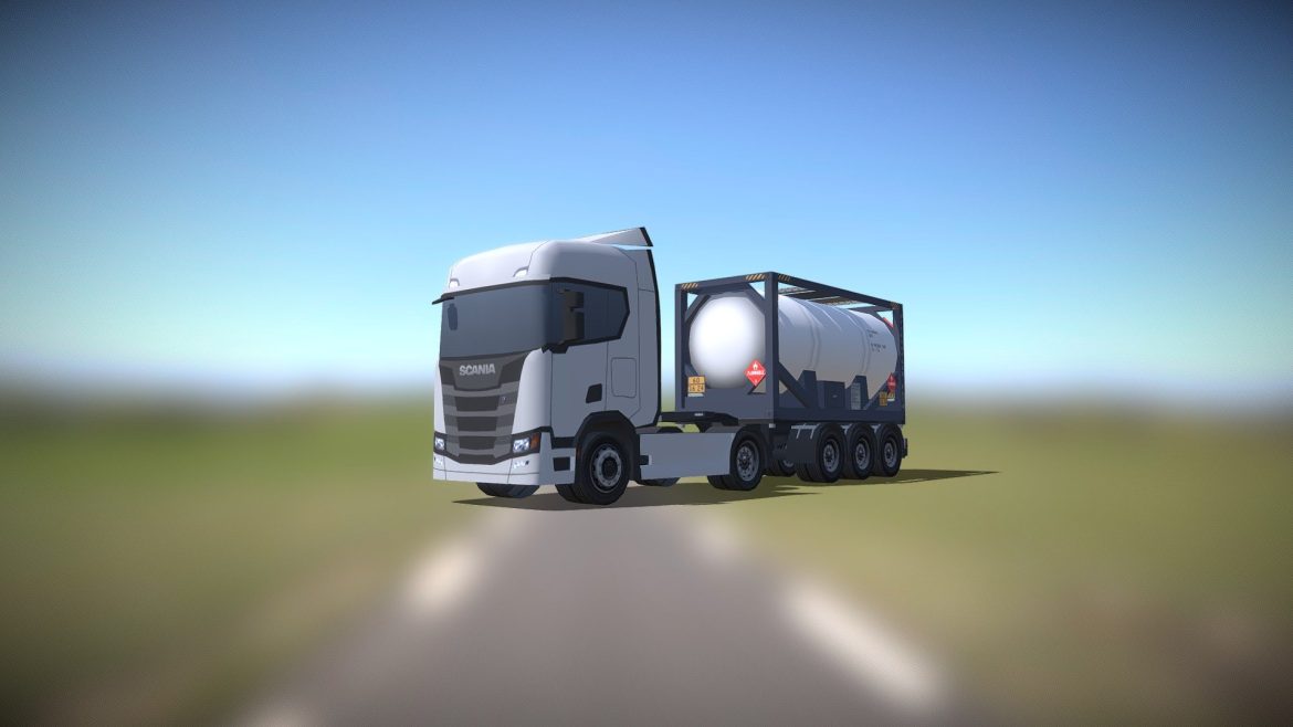 scania r highline with 20ft tank container 3d model