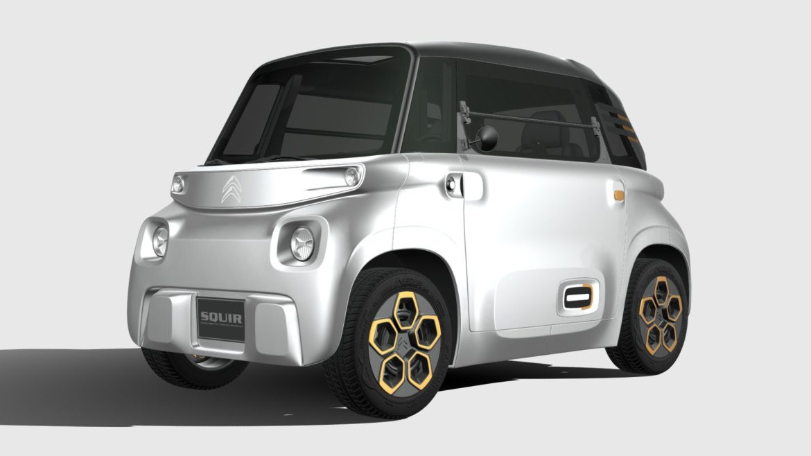 Citroen Ami 3d Model - High-detail 2021 Citroen Ami electric microcar 3D model rendered in a stylized urban environment.