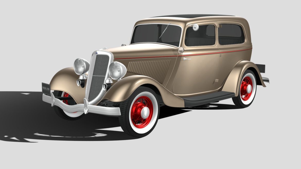 1934 Ford Tudor 3d Model - Highly detailed 3D rendering of a vintage 1934 Ford Tudor showing classic body lines and chrome accents.