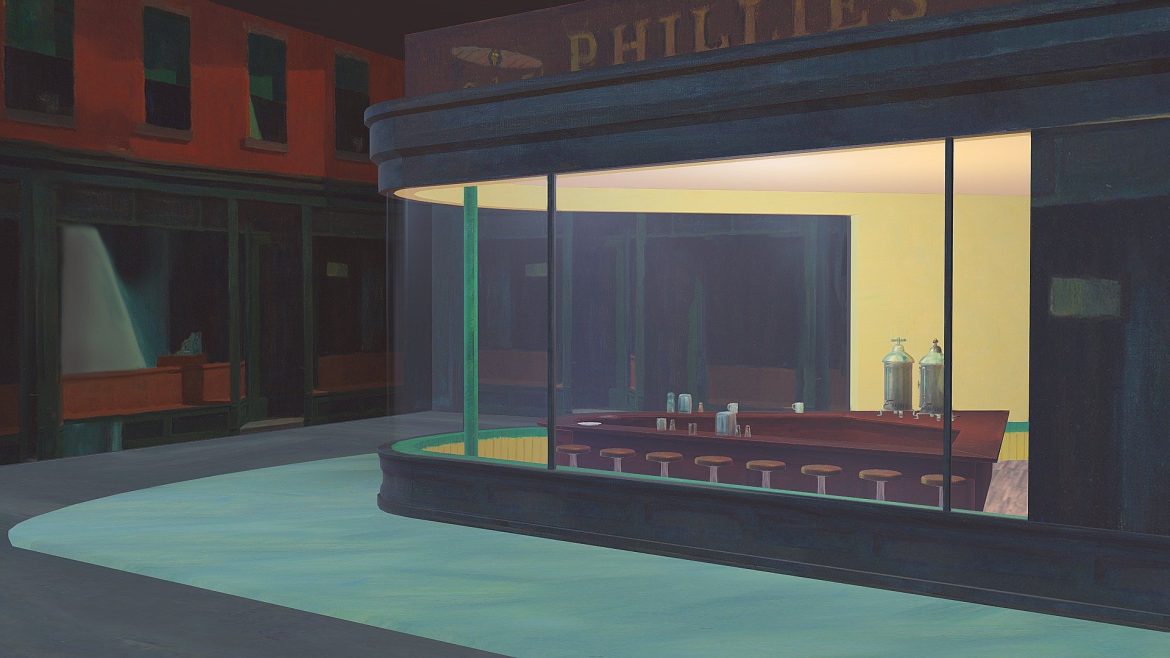 Hopper Nighthawks Scene 3d Model - Edward Hopper's Nighthawks painting recreated as a detailed 3D model, showcasing the iconic diner scene with figures under artificial light at night.