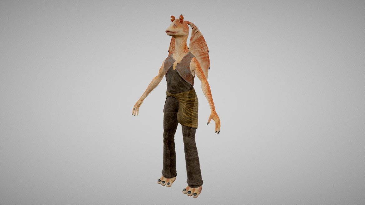 Jar Binks Character 3d Model - Highly detailed 3D model of Jar Jar Binks from Star Wars, showcasing intricate textures and accurate character design.