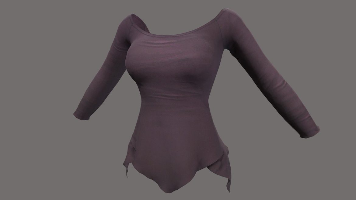 Boho Female Top 3d Model - Boho Hem Female Top 3D Model on a stylized character, showcasing detailed fabric folds and PBR textures, ready for game development and digital projects.