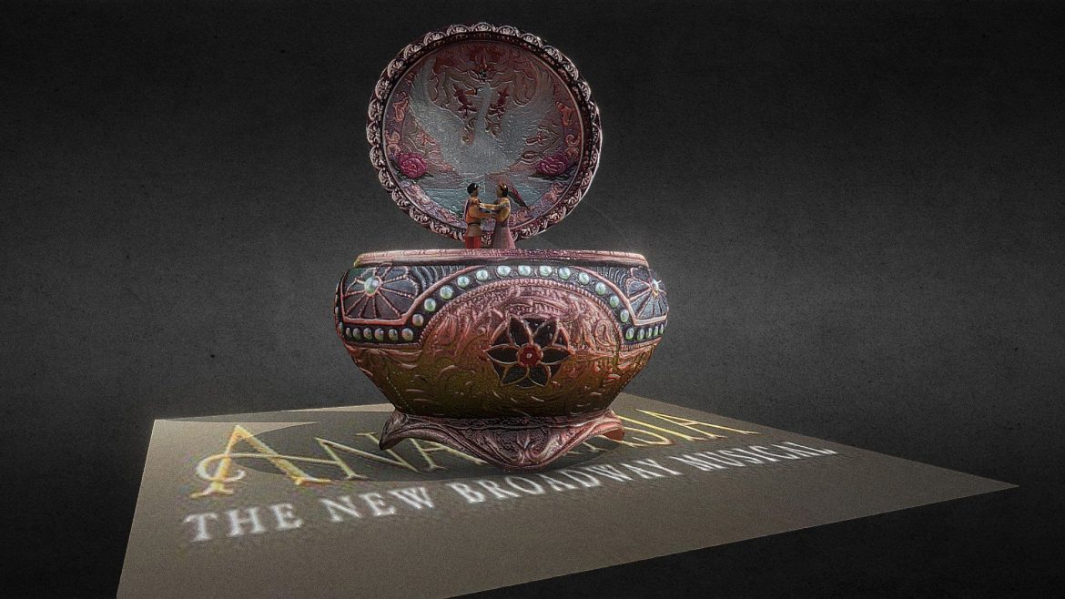 Anastasia Music Box 3d Model - Detailed 3D model of the Anastasia Music Box, featuring ornate gold filigree, rich red velvet interior, and antique wood textures.