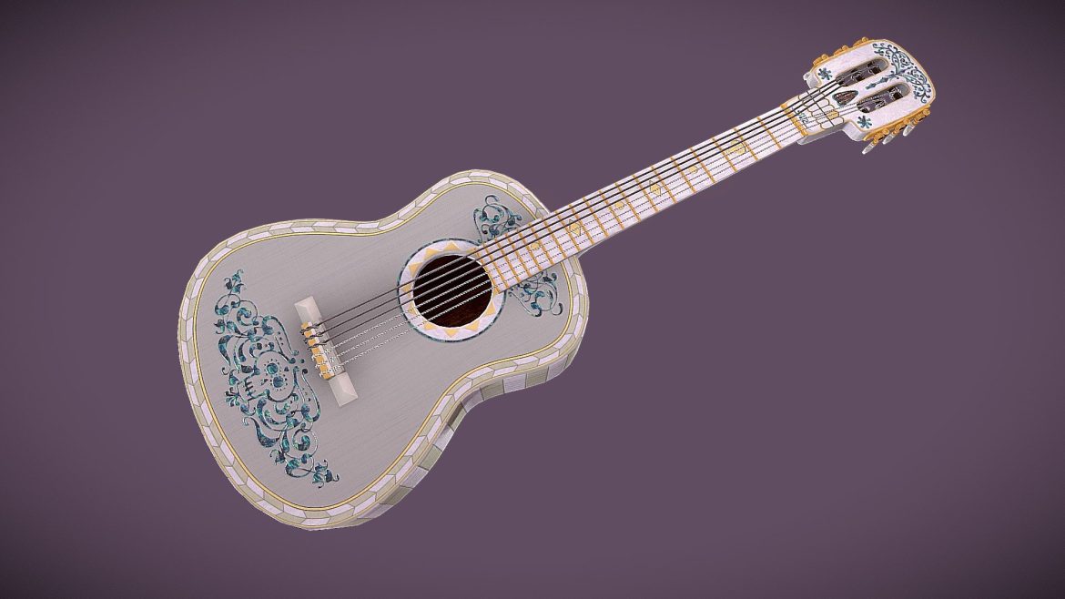 Disney Pixar 3d Model - Detailed 3D model of Miguel's iconic white guitar from Disney Pixar's Coco movie.