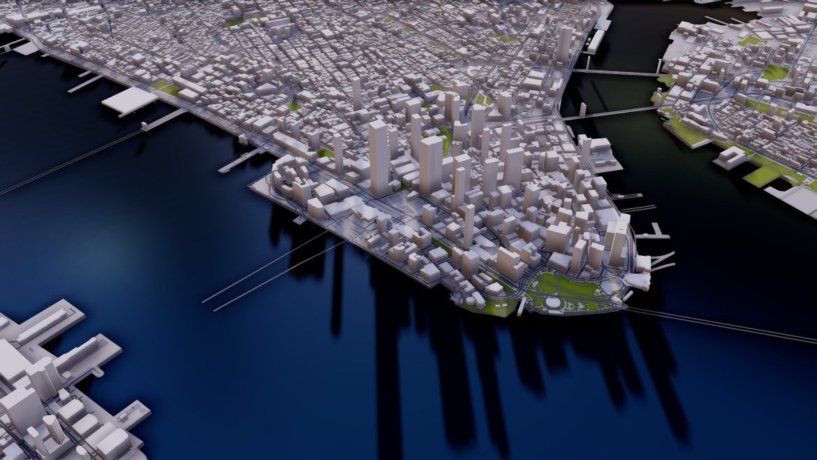 Newyork City Map 3d Model - Detailed 3D model of New York City map showing Manhattan and surrounding areas, created from 2020 GIS data, covering 9km x 7km.