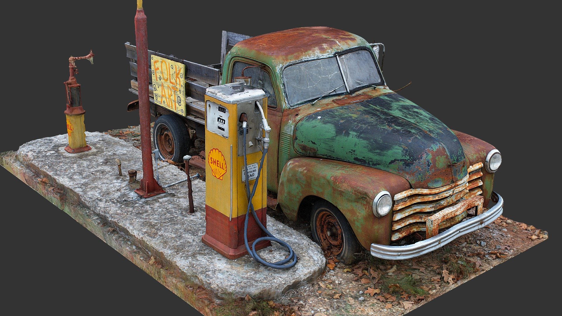 Old Truck and Gas Pumps (Raw Scan)