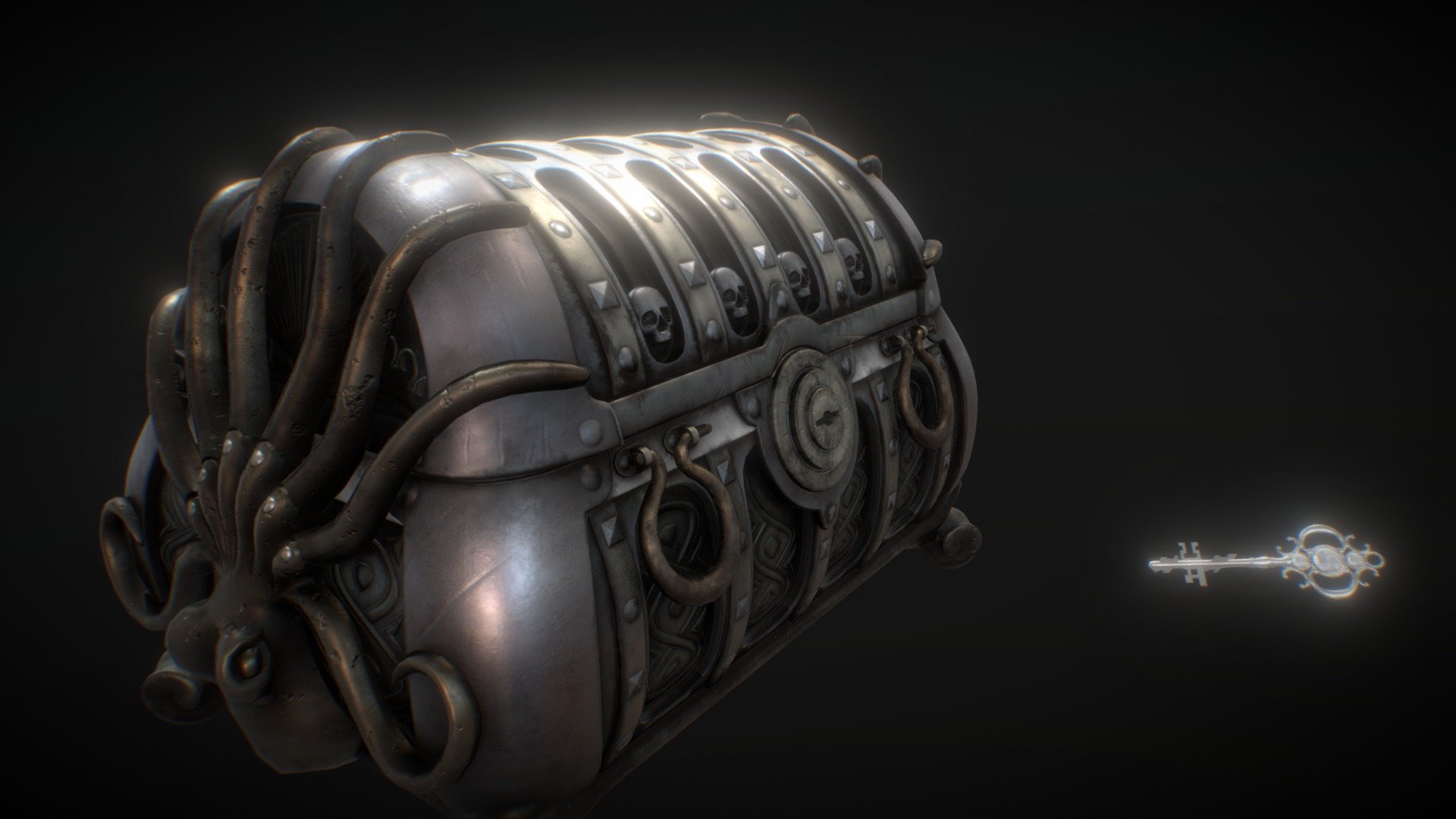 Spanish chest with Aztec’s crystal skulls