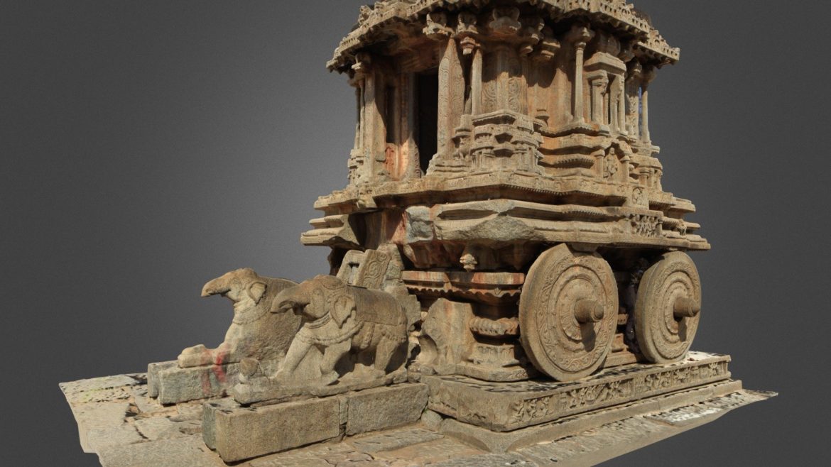 Hampi Stone Chariot 3d Model - Detailed 3D render of the Stone Chariot in Hampi, India, showcasing its intricate Vijayanagara architecture.