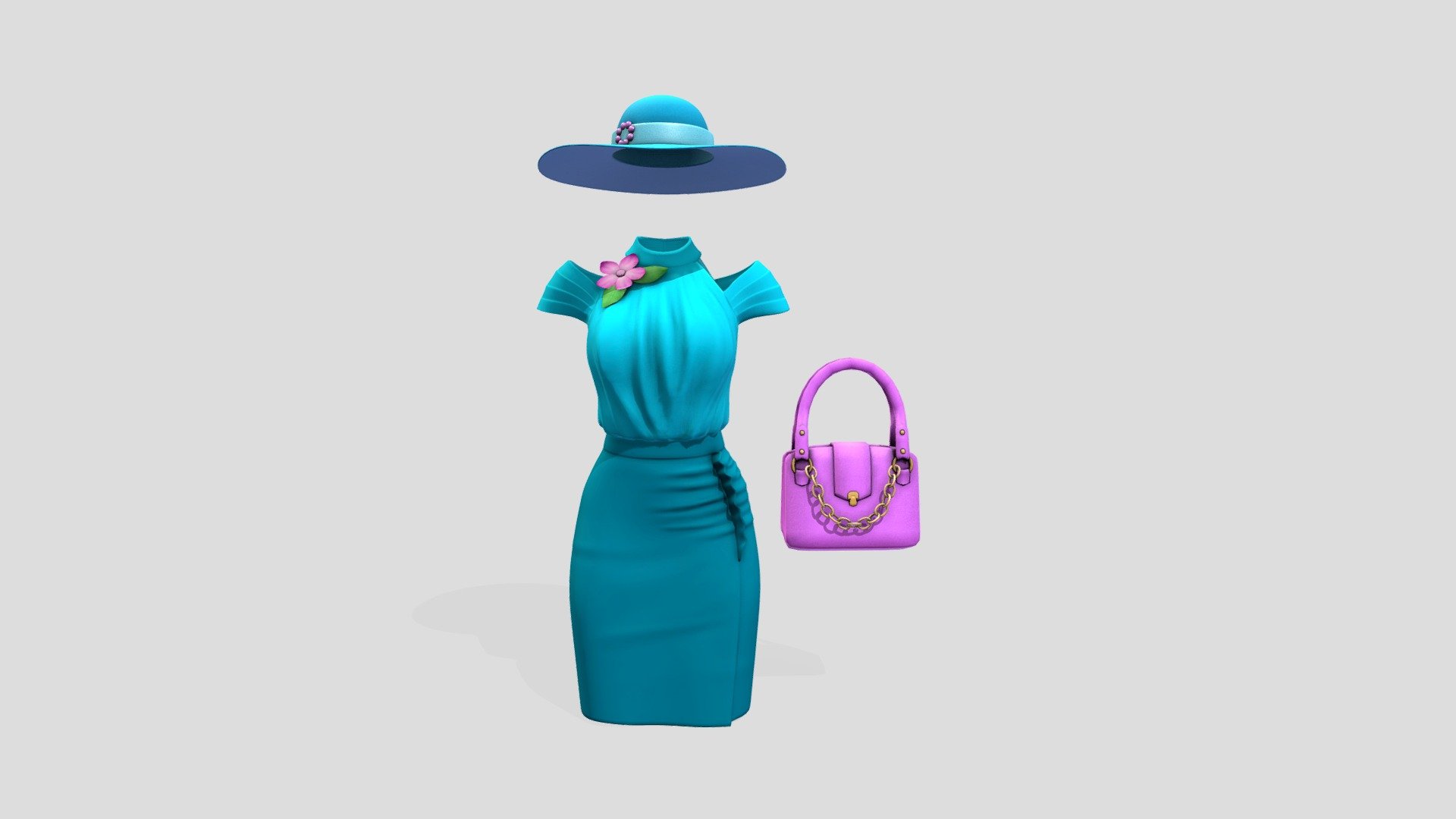 Elegant Teal Female Outfit Skirt Top Bag Hat