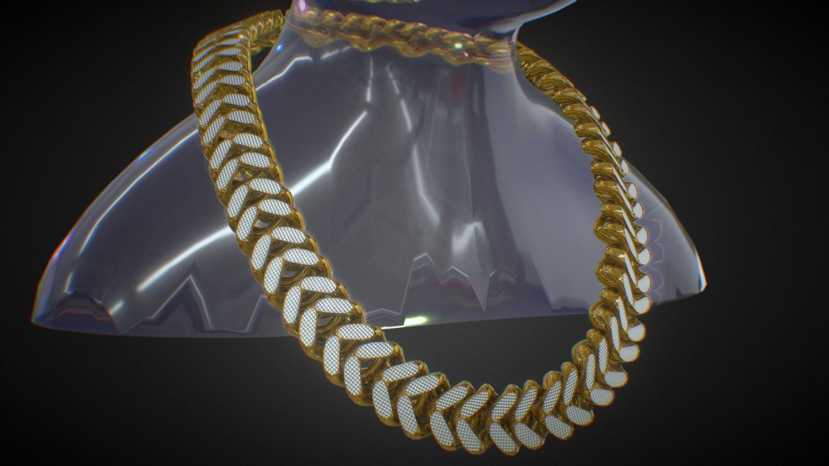gold interlocking link chain textured diamonds 3d model