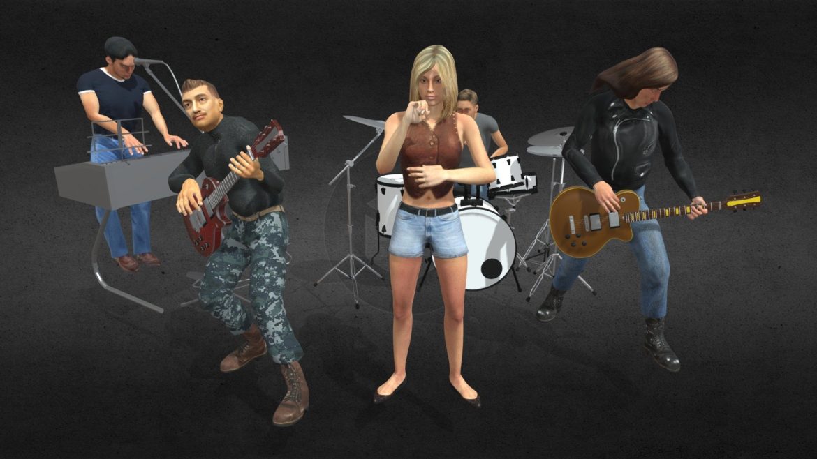 Rock Roll Band 3d Model - Detailed 3D model of a rock and roll band performing on stage with instruments.