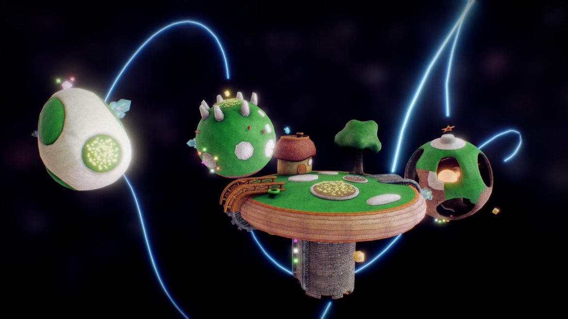 Gateway Galaxy 3d Model - A stylized gateway galaxy 3d model featuring a central tower and floating planetoids.
