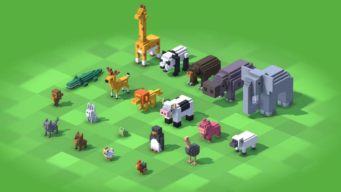 Voxel Animals 3d Model - A collection of 20 stylized voxel animals, including a bear, cat, chicken, cow, and elephant, rendered in a charming low-poly aesthetic.