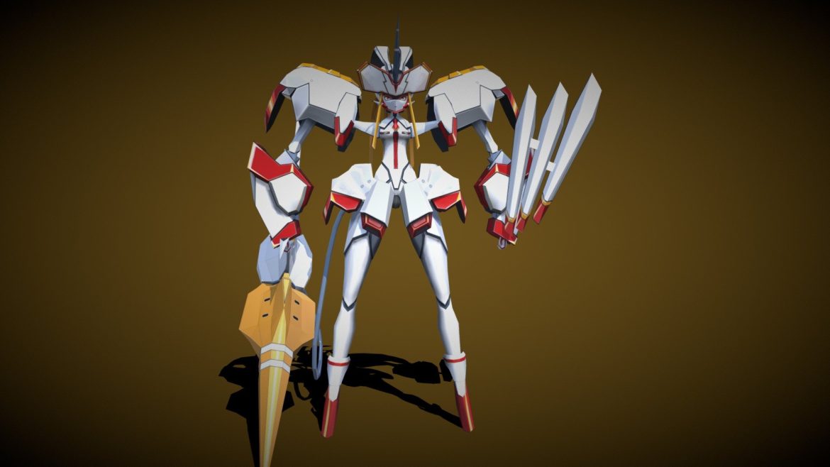Strelizia Low Poly 3d Model - Low poly 3D model of the Strelizia mecha from Darling in the Franxx featuring pink and white armor.