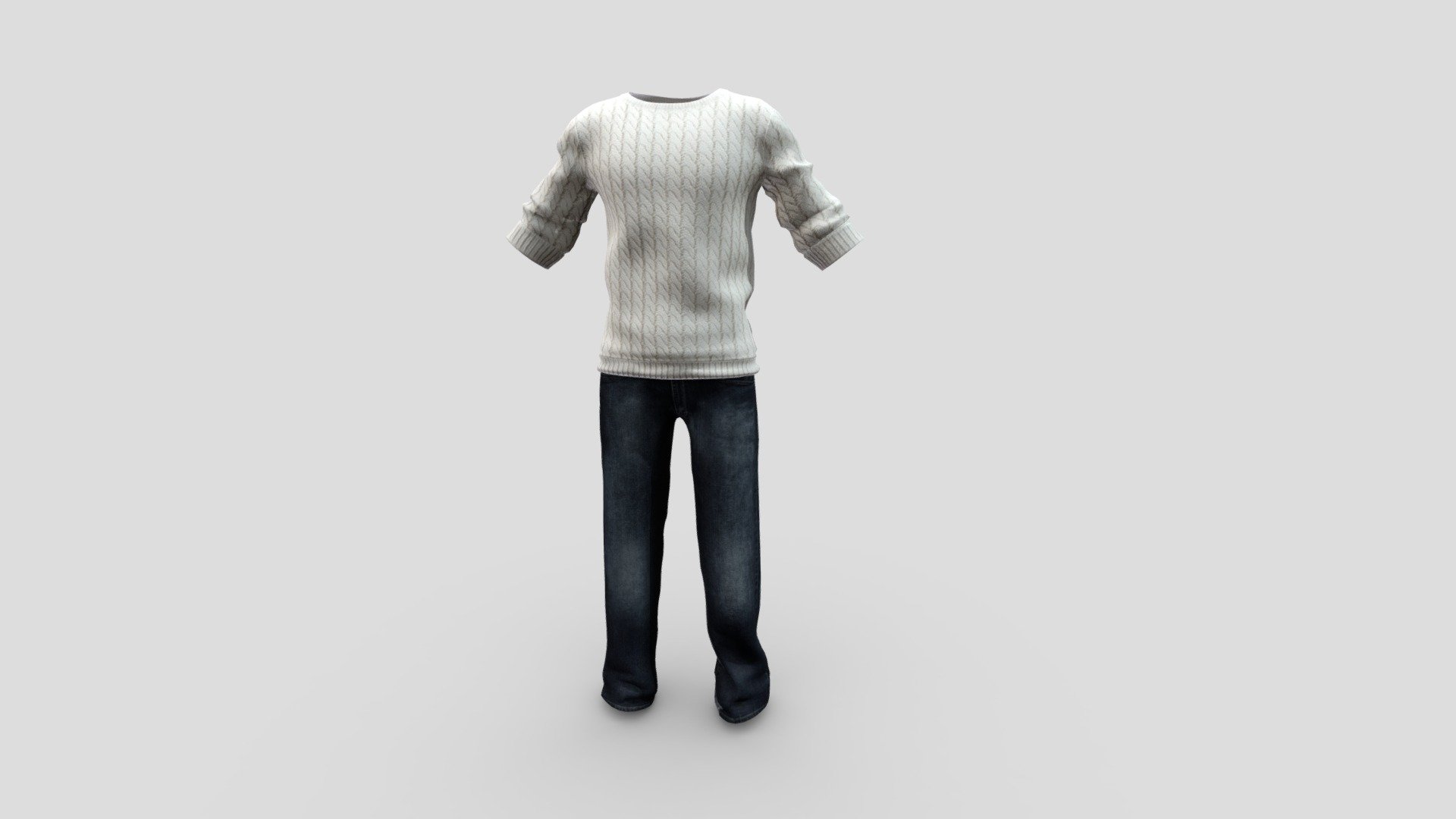 Male Round Neck Knit Sweater Denim Pants Outfit