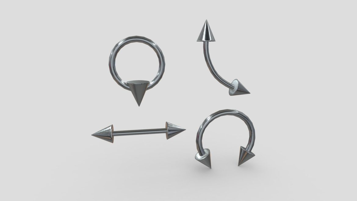 Realistic Body Piercings 3d Model - Detailed 3D model of body piercings with realistic metal spikes, PBR textures, and multiple material options.