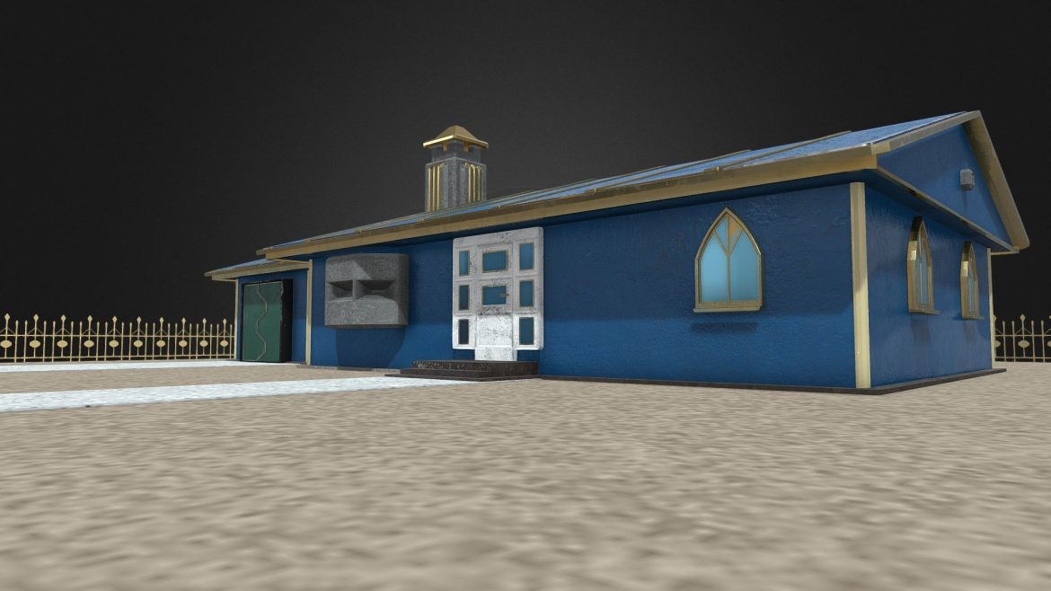 Ultramarine House 3d Model - Highly detailed Ultramarine House 3D model from Warhammer 40k, featuring concrete construction, golden Imperial fences, and integrated bunker defenses, ready for game development or scene rendering.