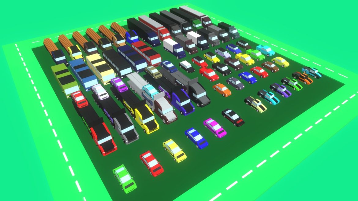 Lowpoly Vehicles 3d Model - Lowpoly vehicles 3D model mega pack featuring 60+ game-ready cars, trucks, and buses in OBJ and FBX formats.