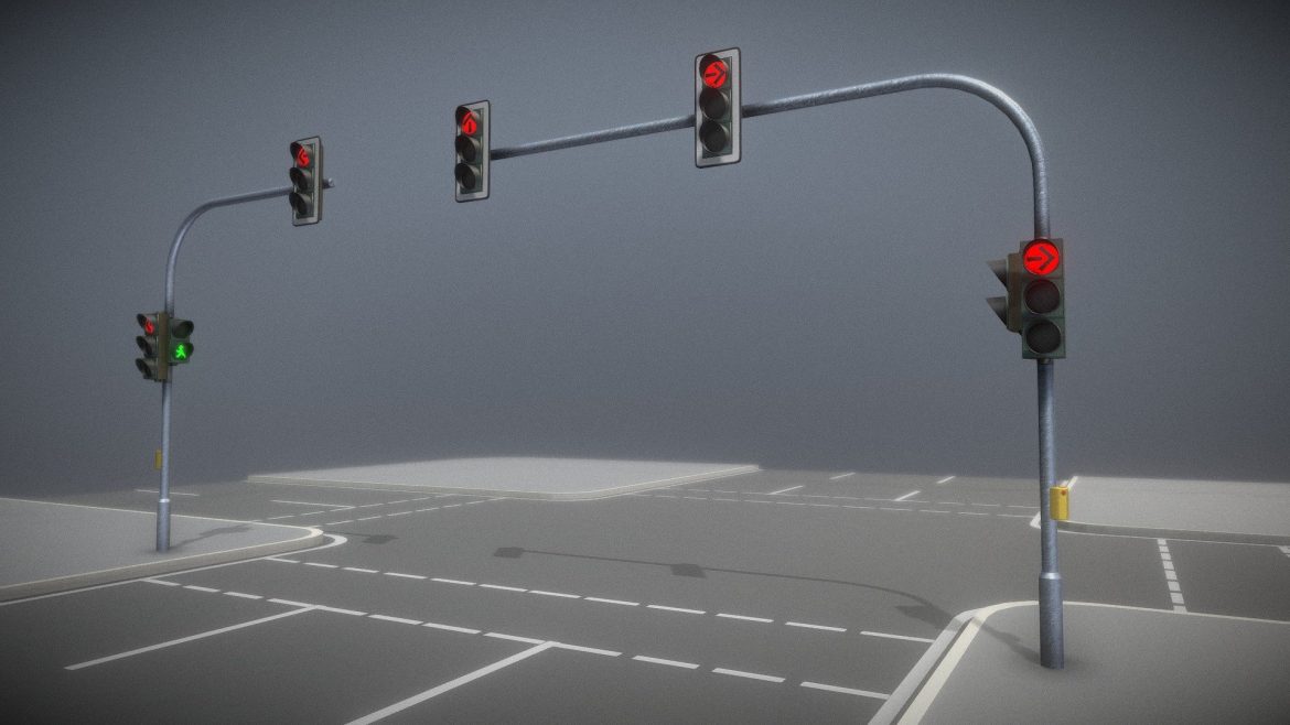 Ampelkreuzung Dreispurig 3d Model - Detailed 3D model of a three-lane traffic light intersection with realistic road markings and signal posts.