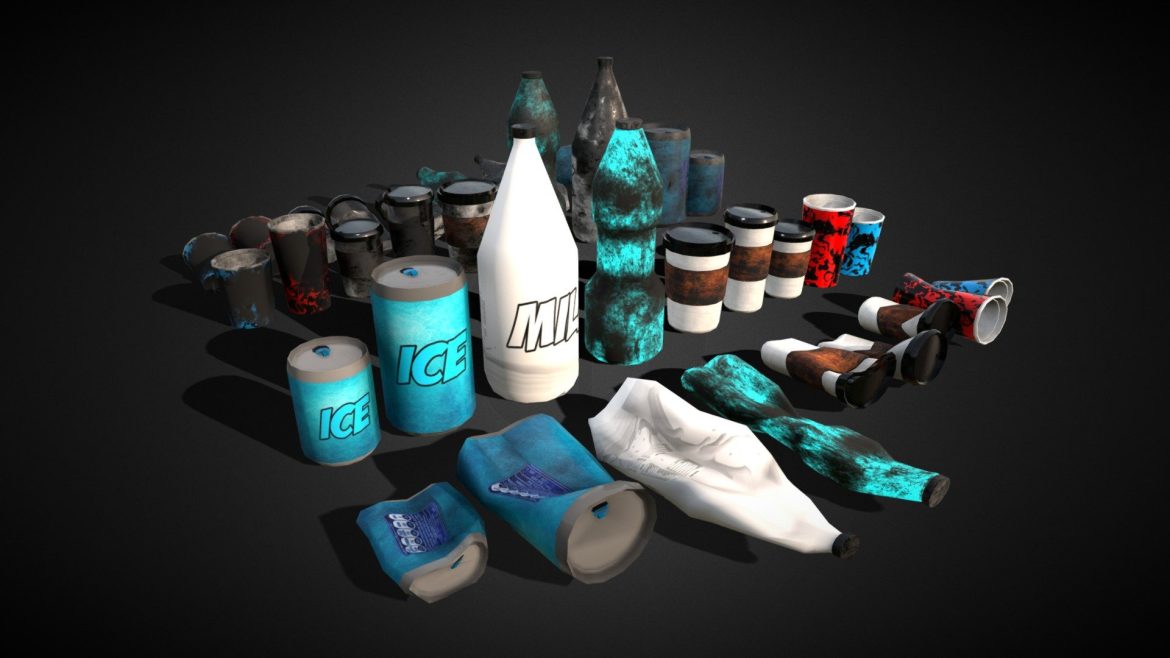 bottles and broken bottles low poly pbr 3d model