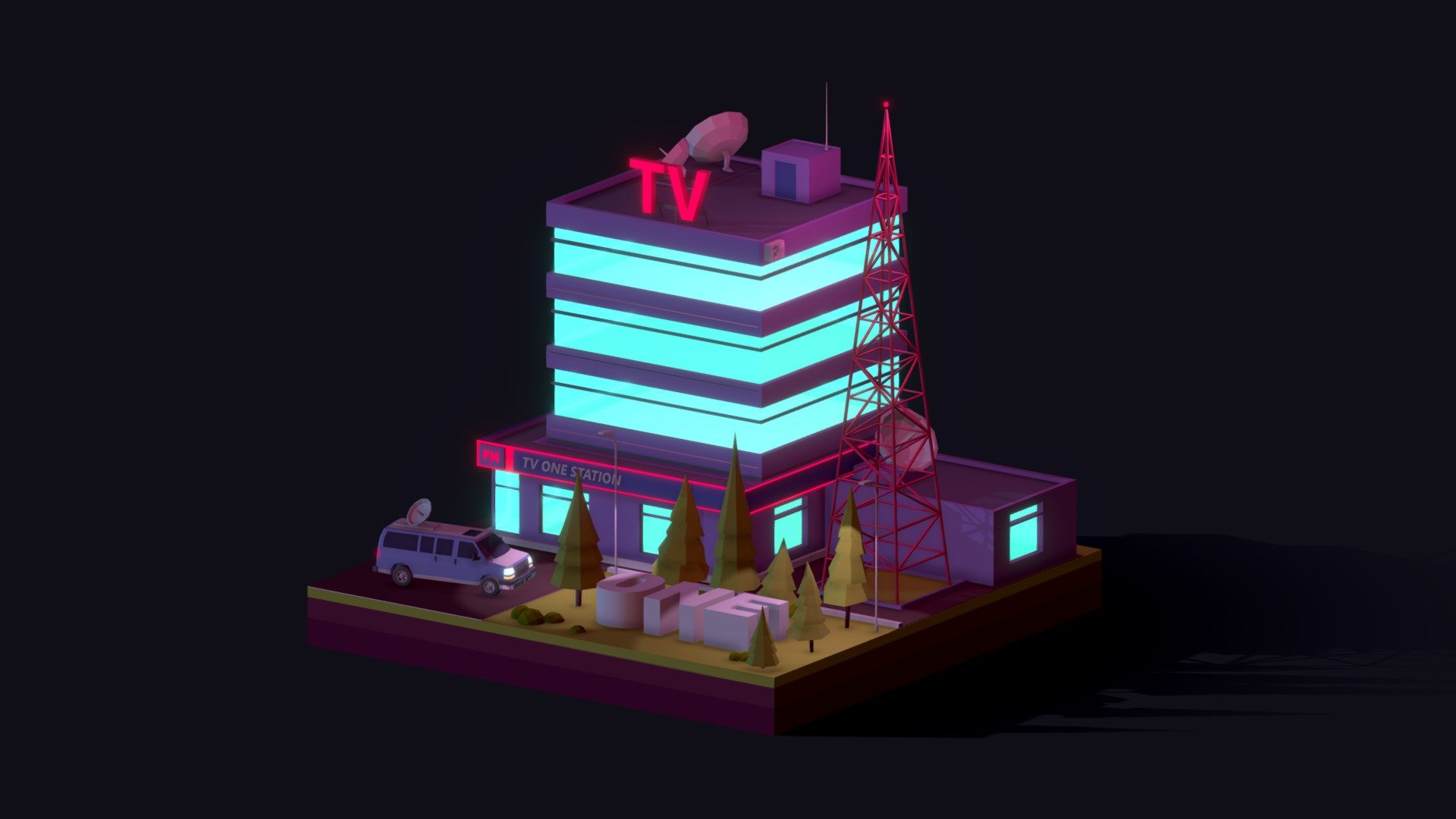 Cartoon Low Poly TV Building Neon Night