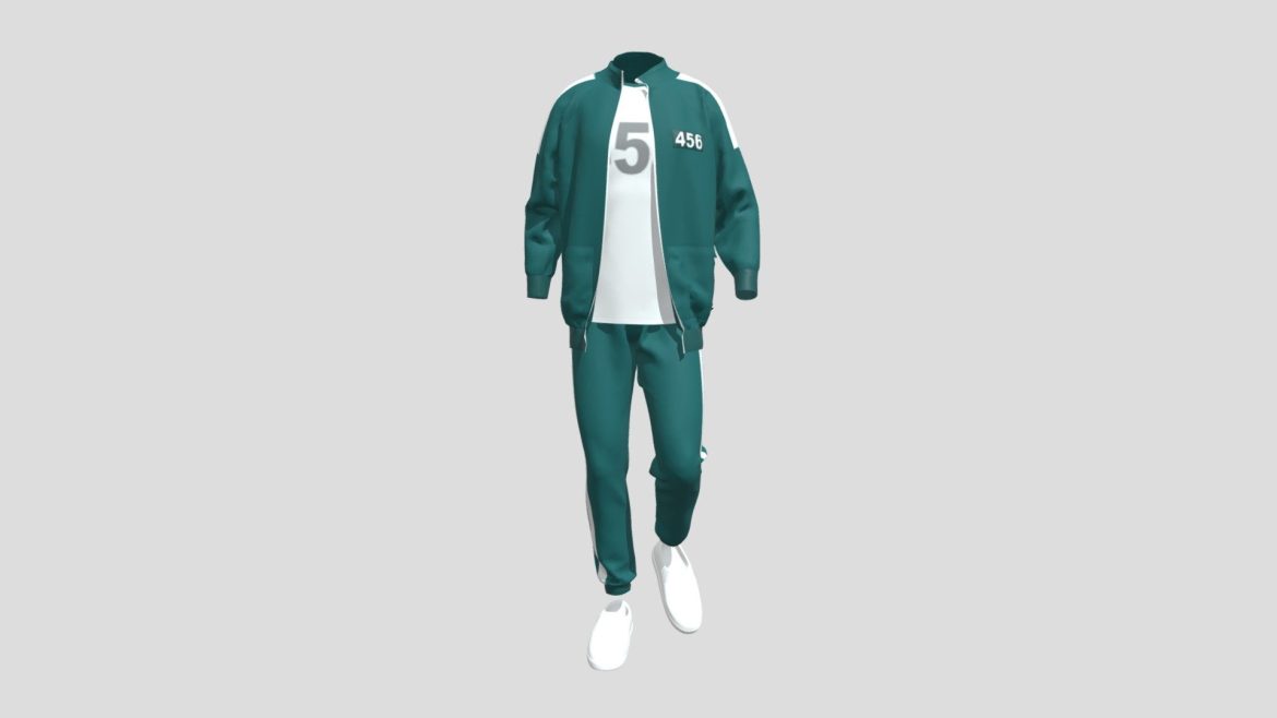 Squid Game Uniform 3d Model - Detailed 3D model of a teal tracksuit from the series Squid Game featuring white stripes and customizable player numbers.