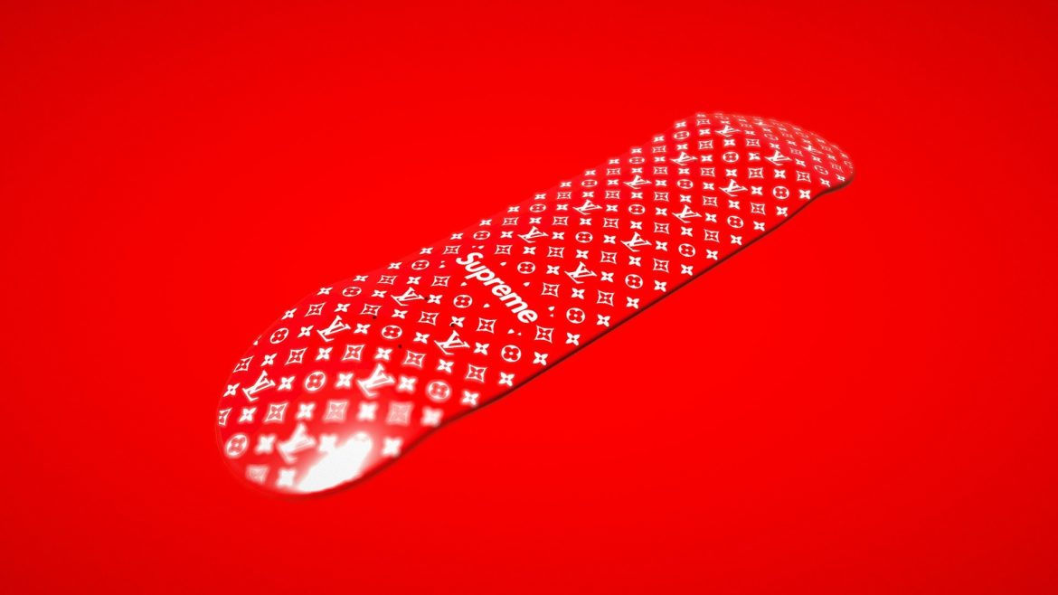 Supreme X 3d Model - 3D model of the Supreme x Louis Vuitton skateboard showing its iconic red deck with white Supreme logo and brown Louis Vuitton monogram, featuring detailed trucks and wheels.
