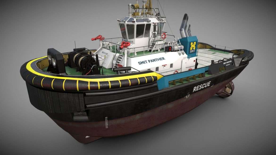 Smit Panther Tug 3d Model - Highly detailed 3D model of the Smit Panther ASD tugboat, showcasing its distinctive lines and newly added bridge interior.