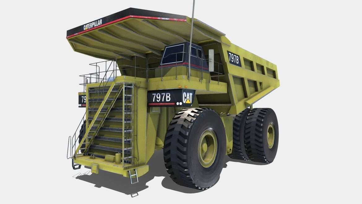 Cat Haul Truck 3d Model - Highly detailed 3D model of the CAT 797B haul truck, showcasing its massive scale and intricate components against a neutral background.