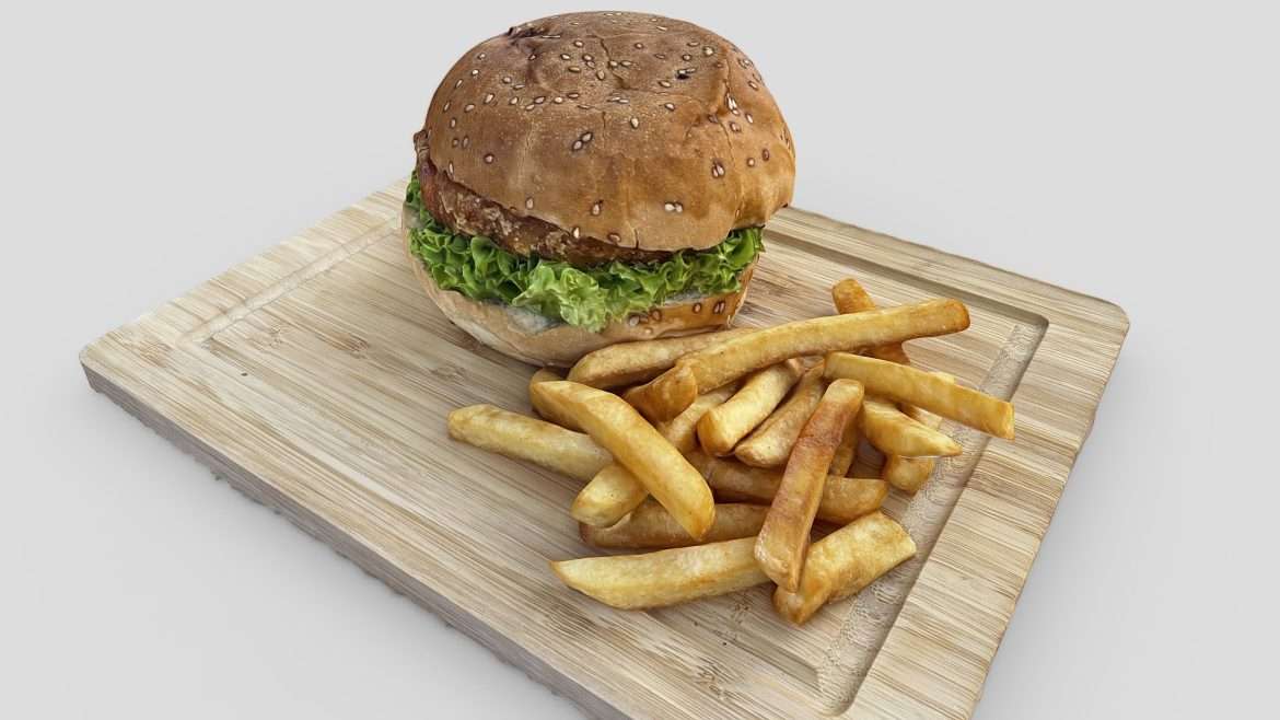 chicken burger with french fries 3d model
