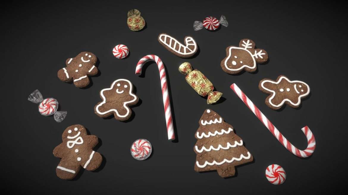christmas gingerbread cookies and candies lp 3d model