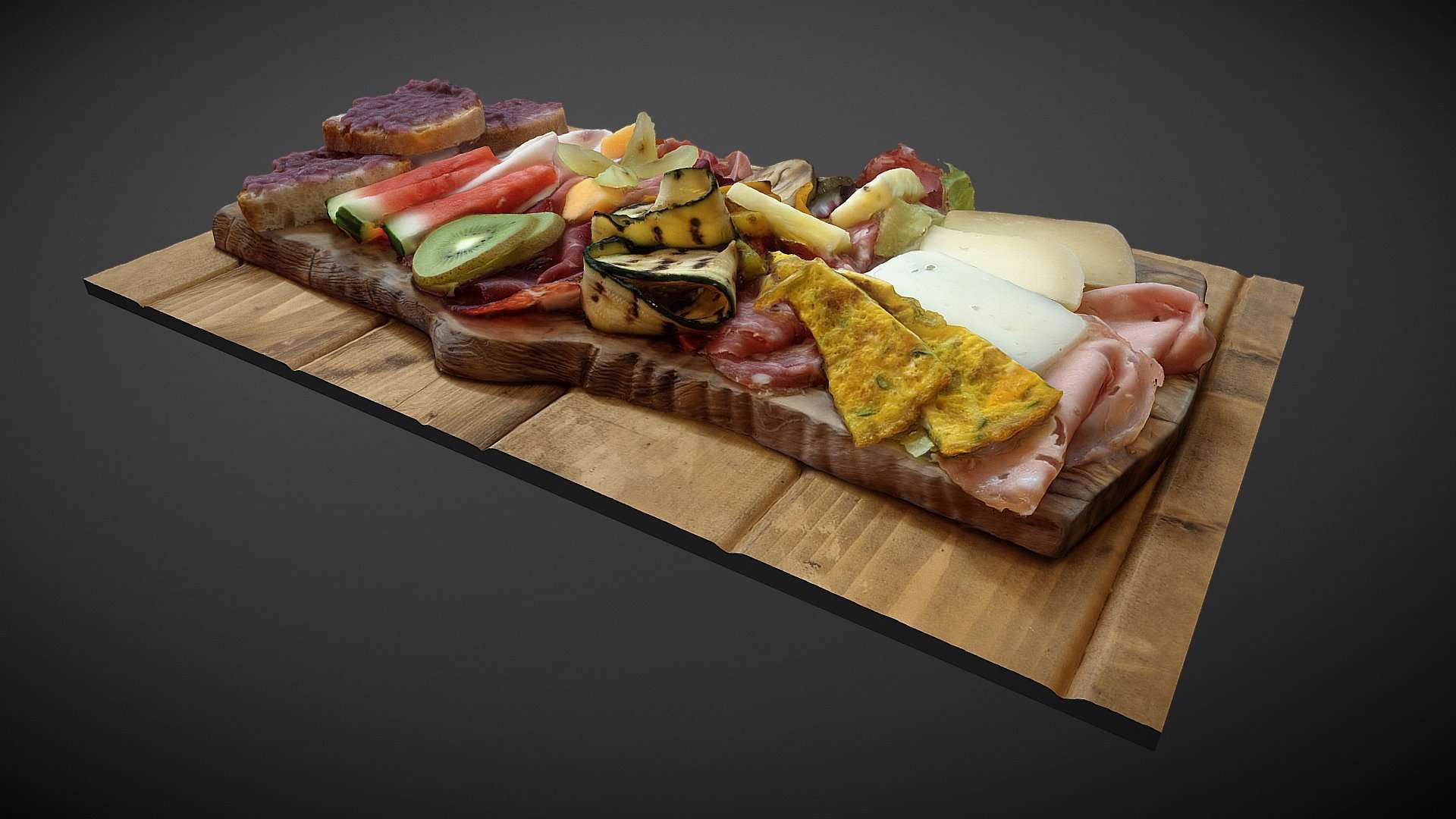 Cold meat, cheese, vegetables and fruit plate