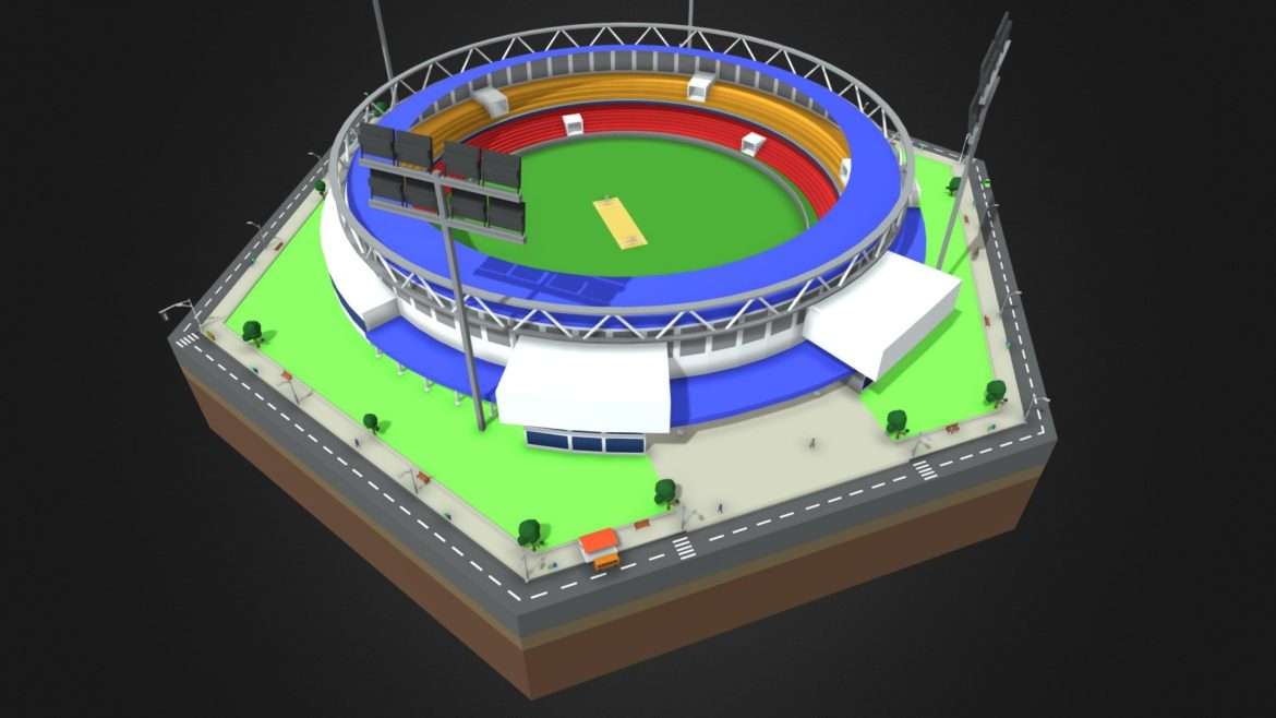 Cricket Stadium 3d Model - Detailed 3D model of a cricket stadium with lush green pitch, spectator stands, and floodlights.