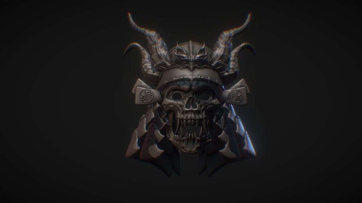 Demonic Samurai Helmet 3d Model - High-detail Demonic Samurai Helmet 3D model with fearsome oni mask elements and intricate Japanese armor textures.
