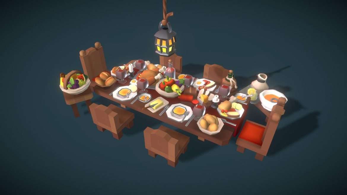 Proto Series Food 3d Model - Proto Series Food 3D Model featuring a comprehensive set of hyper-realistic digital food items including roasted chicken, vegetables, fruits, bread, cheese, and various drinks, arranged on plates and platters.