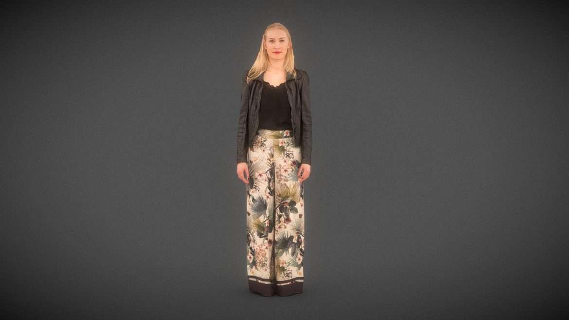 girl in flower pants and leather jacket scanned 3d model