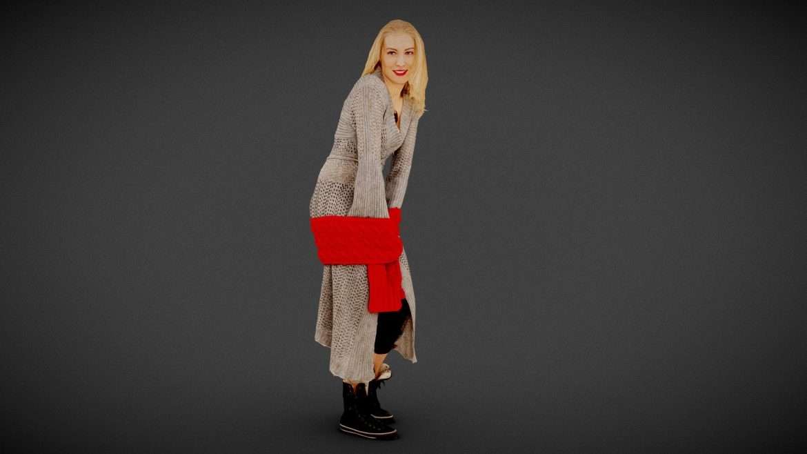 girl in grey dress and red scarf posing 3d model