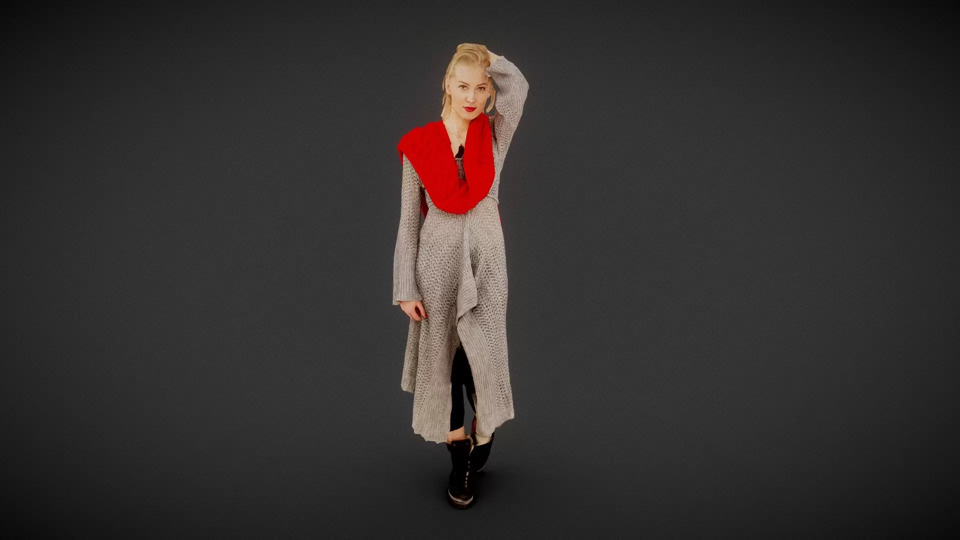 Girl in Knit Grey Dress and Red Scarf Scan