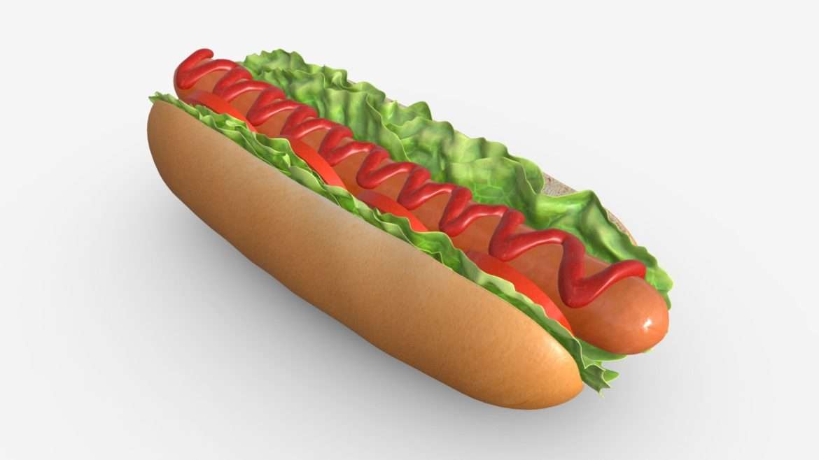 hot dog with ketchup salad tomato 3d model