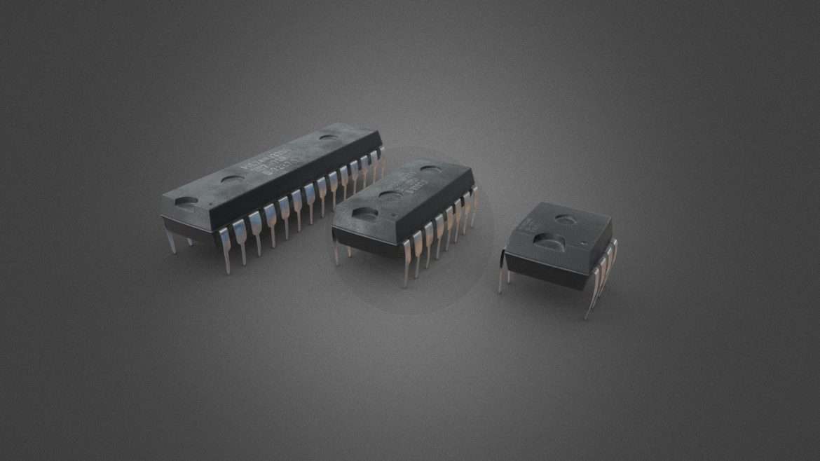 Detailed Integrated Circuit 3d Model - Close-up view of a high-fidelity 3D model of an integrated circuit, showcasing detailed pins, chip surface, and intricate internal pathways.