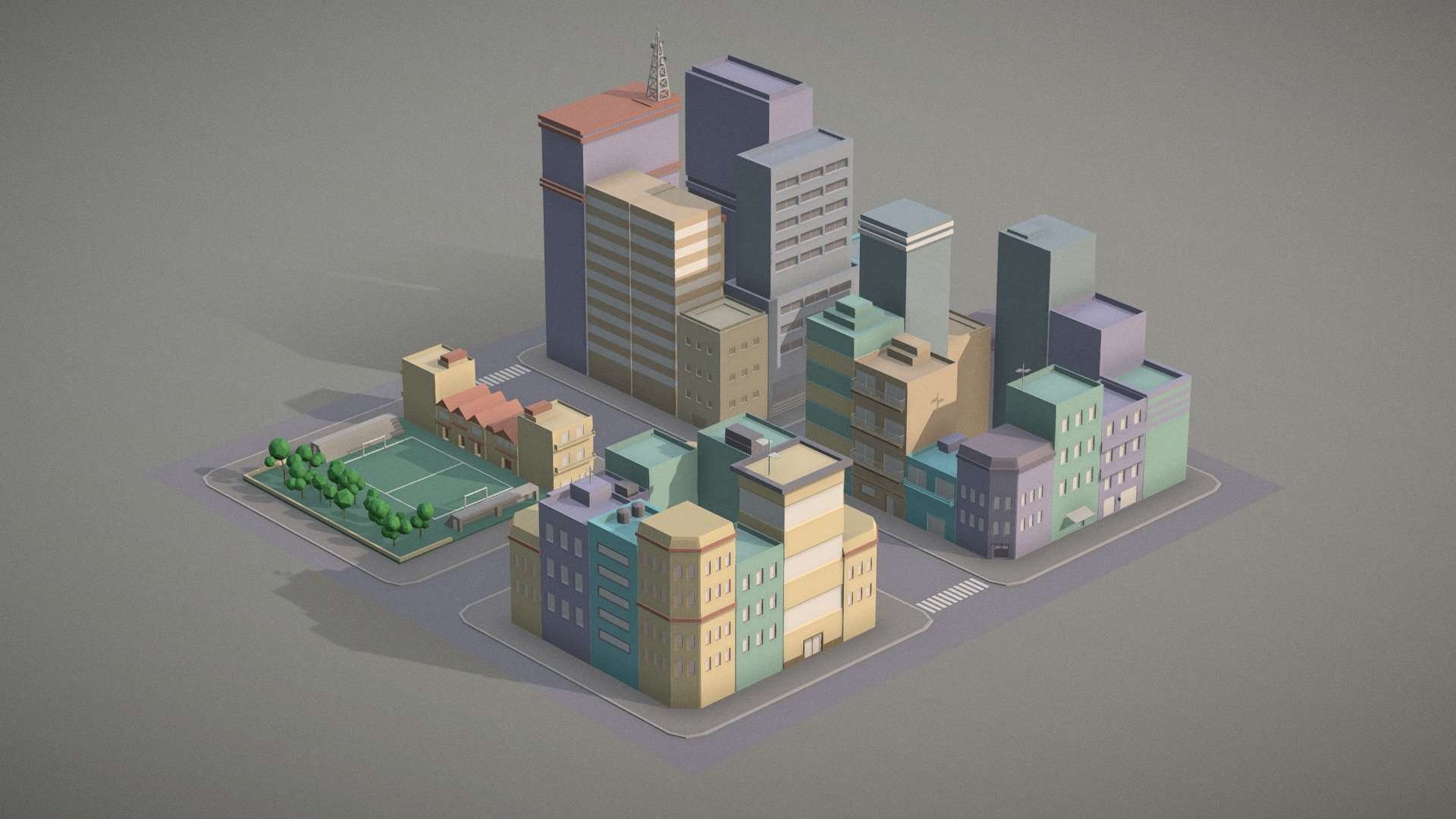 Lowpoly pack of 4 city blocks