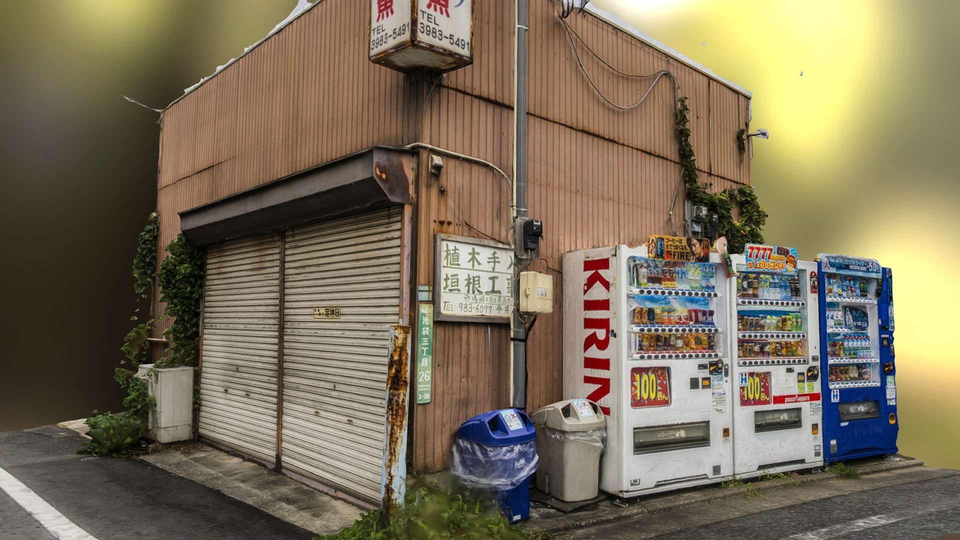 Metal house with japanese vending machines scan