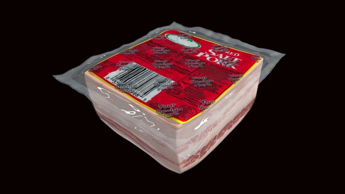Realistic Bacon Package 3d Model - Photorealistic 3D model of a vacuum-sealed package of bacon slices with realistic plastic texture.