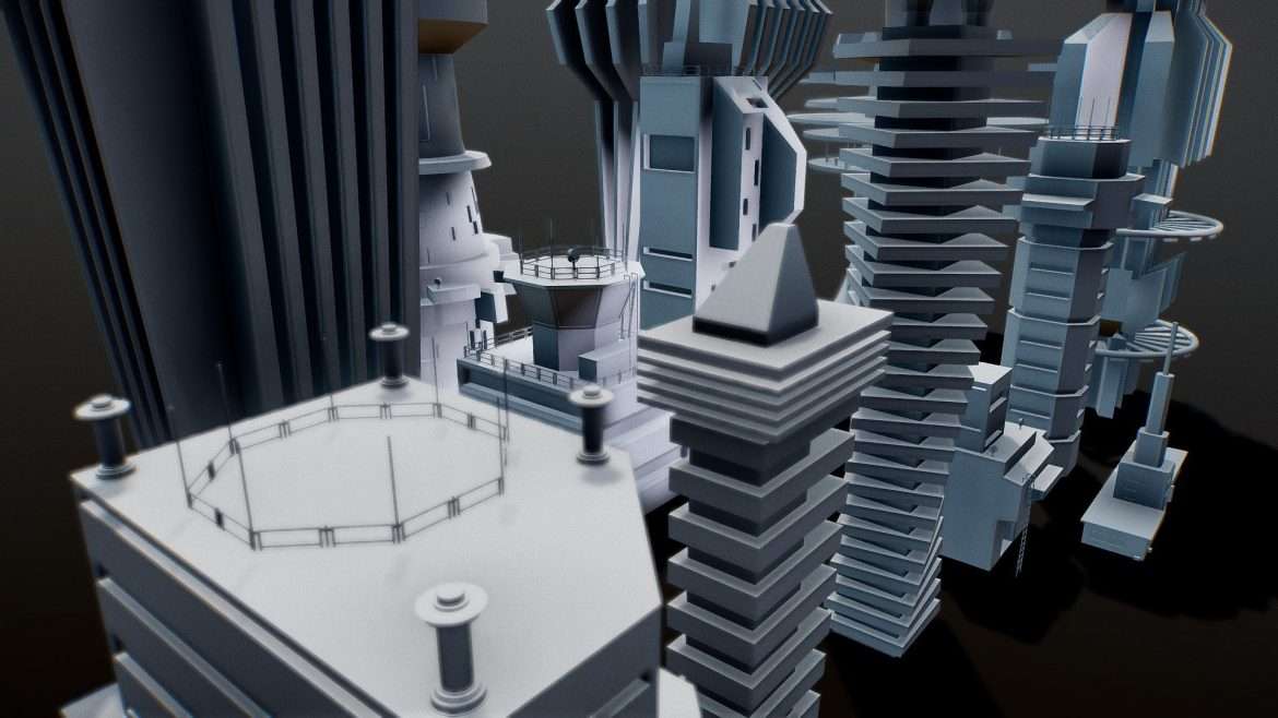 sci fi kitbash low poly 13 buildings 3d model