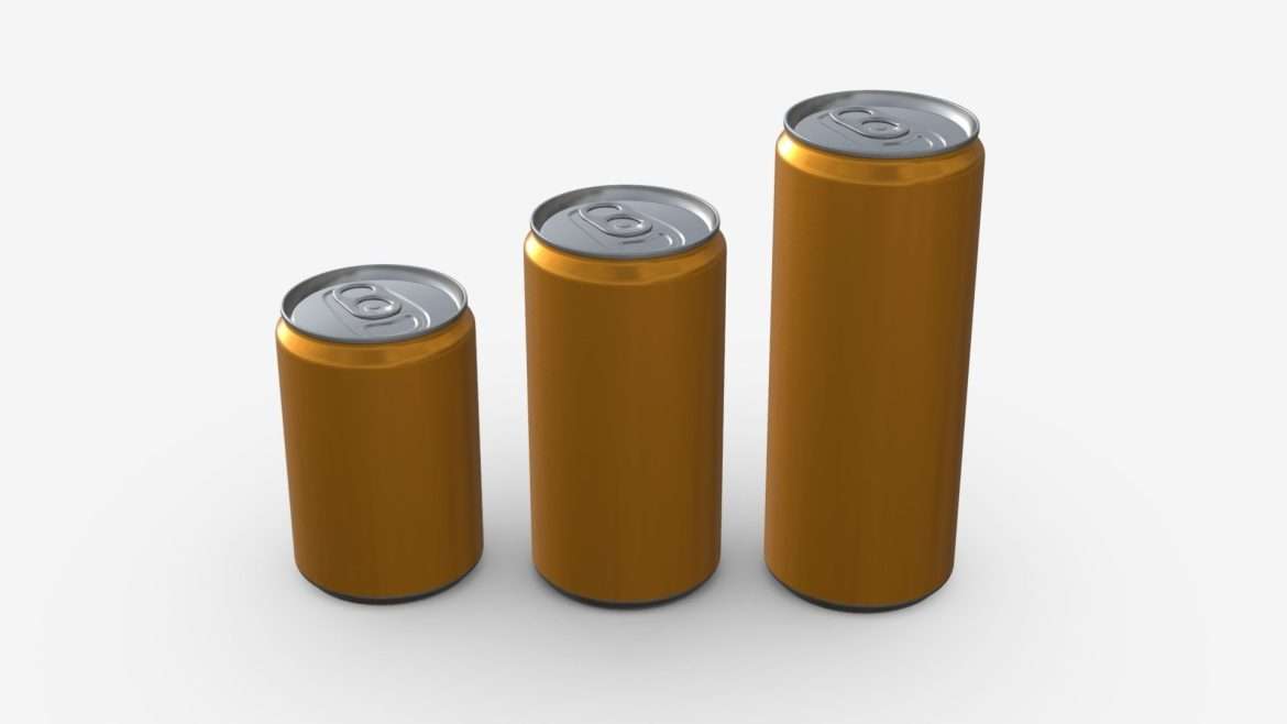 Sleek Beverage Can 3d Model - A photorealistic 3D render of sleek beverage cans in 150ml, 250ml, and 330ml sizes, showcasing PBR textures and modern design.