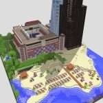 Stadium, skyscraper and beach with umbrellas.