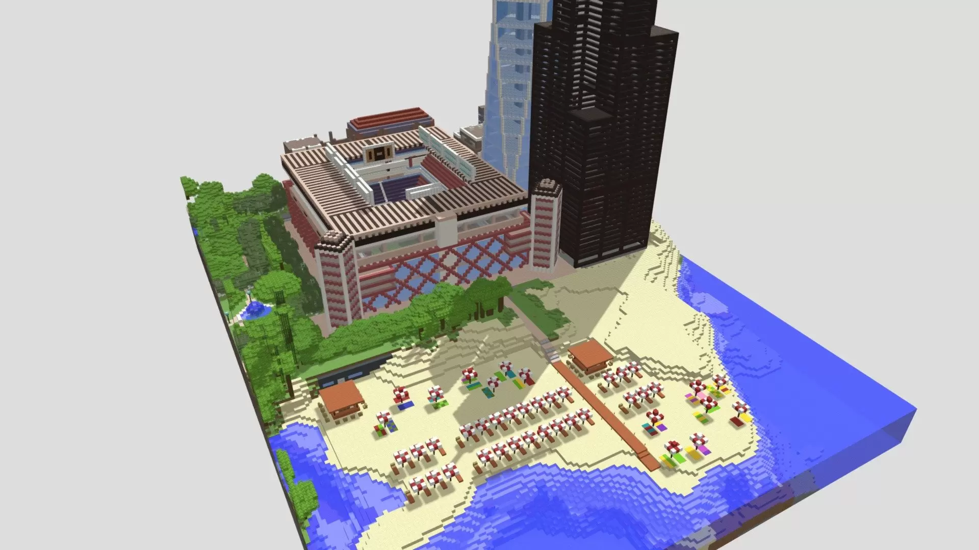 Stadium, skyscraper and beach with umbrellas.